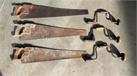 6 TIMBER HANDLE TOOLD 3 DRILLS, 3 SAWS