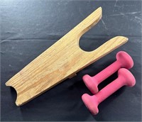 Wooden Boot Jack & Pair of 1 Pound Weights