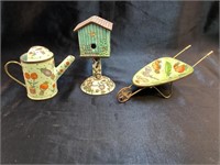 Miniature Enamel Birdhouse, Wheelbarrow, Water Can