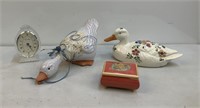 (2) Duck Figures, Music Box & Small Clock