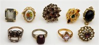 9-VINTAGE GOLD TONED FASHION BLING RINGS