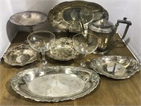 7 SILVERPLATE SERVING PIECES 2 CHAMPAGNE  GLASSES
