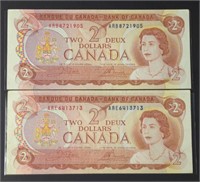 2x Canada Two Dollar 1974 Paper Bills Circulated