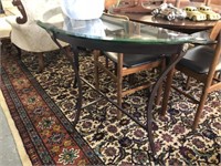 GLASSTOP HALL TABLE WITH WROUGHT IRON BASE