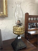 VICTORIAN CAST IRON BASE GLASS BANQUET LAMP