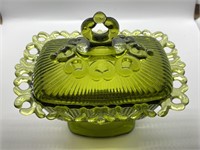 Rectangle Green Glass Compote/Candy Dish with Lid