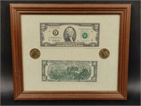 Two Framed $2 Bills and John Adams Dollar Coins