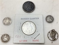 (2) 1901 BARBER SILVER QUARTERS, 1853, 1855 &