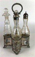 Vintage Etched Glass Cruet Set & Silverplate Stand