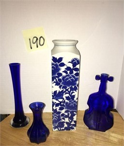 Blue Glass with Blue and White Floral Vase