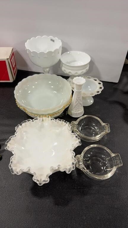 COLLECTION OF MILK GLASS & ASH TRAYS