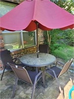 45" glass top patio table w/ 4 chairs & umbrella