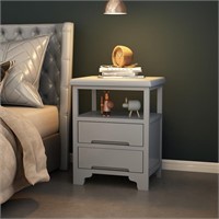Solid Wood Nightstand with 2 Drawers, Grey