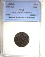 218-222 AD She Wolf/Romulus & Remus NNC VF35 AE23