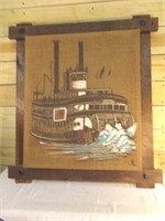 Large Painted Retro Steamship on Burlap Framed