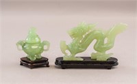 Chinese Jade Carved Dragon & Small Censer w/ Stand