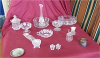 11pc decorative glass set, mini silver plate, and