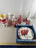 Vintage badger, plastic cups, glass cups,