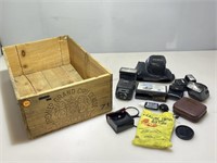 Asstd Camera Accessories and Wood Wine Crate