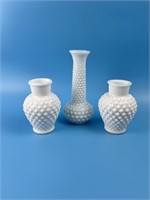 Set Of 3 Hobnail Milk Glass Vases