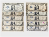 (10) $1 Silver Certificates Funny Back: 1928 A & B