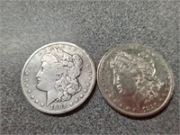 X2  1880 O & 1885 O Morgan silver dollar coins