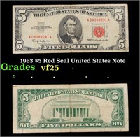 1963 $5 Red Seal United States Note Grades vf+