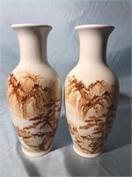 PAIR OF 9 INCH PORCELAIN VASES. HAND PAINTED