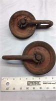 D4) VINTAGE PULLEYS - PAIR STEEL WITH HANGERS,