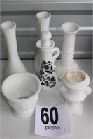 Milk Glass Assorted - (3) Vases, (1) Cruet,