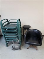 Green lawn chairs, shop stool, shop chair, cart