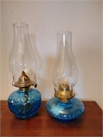 2 Blue Glass Oil Lamps