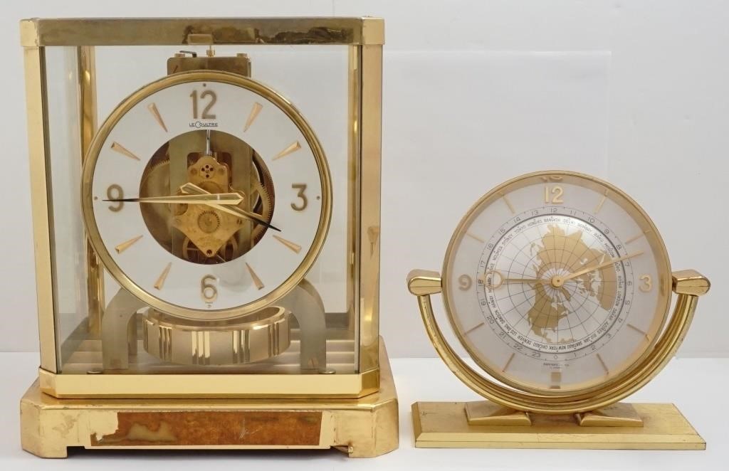 Clock lot (2) Swiss, gilt brass cases, both run