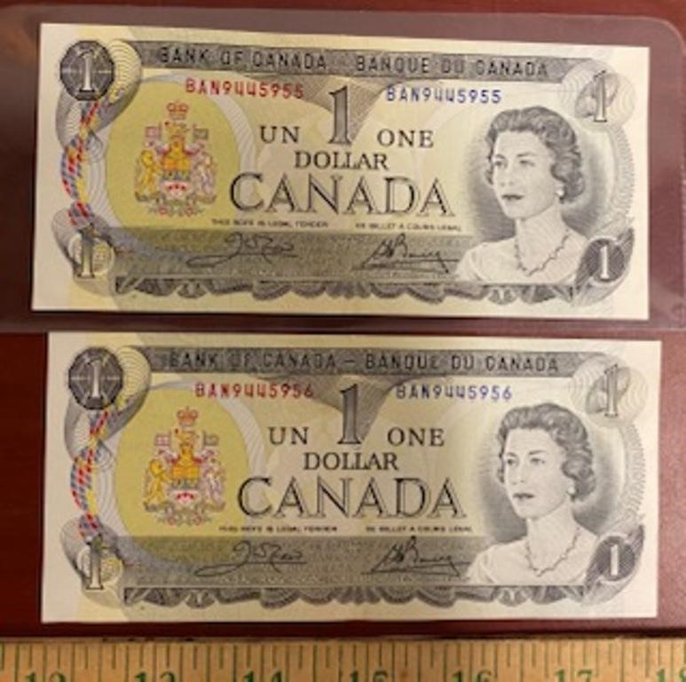 2 Canadian $1.00 Bills-1973-Consecative-Mint