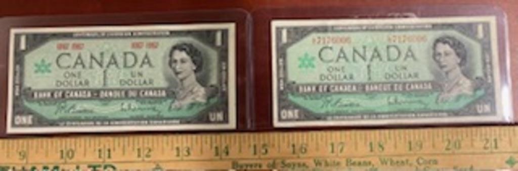 2 Canadian $1.00 Bills-1867-1967