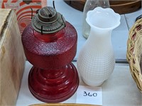 Ruby Glass Oil Lamp with Milk Glass Chimney
