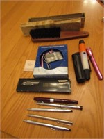 pens,pewter flag & items