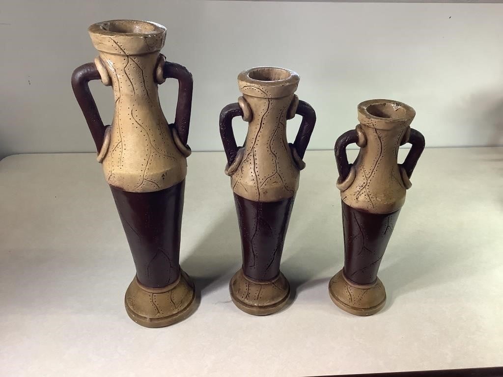 3 Vases W/Handles, 17, 19 & 22in Tall