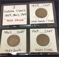Three Indian cents, 1859 1863 1909, nice