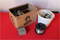 BOX OF MISC. ELECTRIC SUPPLIES & ROLL OF WIRE