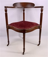 Corner chair, shaped front, dark finish, turned