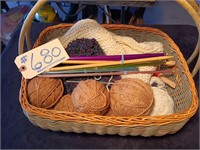 Basket Of Yarn And Knitting Needles.