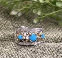 Sterling Silver Turquoise Two-Toned Ornate Band