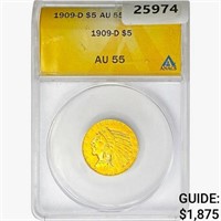 1909-D $5 Gold Half Eagle ANACS AU55