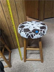 2ft tall wooden stool with crocheted cover and