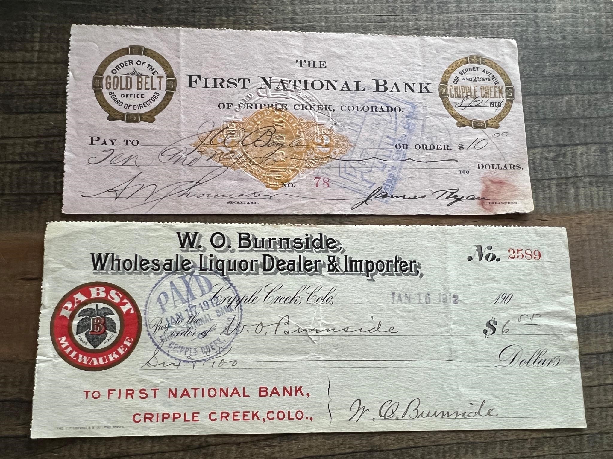 Cripple Creek Colorado Checks From 1900 and 1912