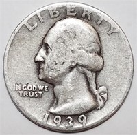 1939 Washington Quarter - Harder Date - 90% Silver