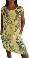 C162  Cotton Linen Printed Dress, Yellow Lg.