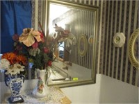 39"x41" mirror, 2 vases w/flowers, items on wall