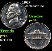 Proof 1962 Jefferson Nickel 5c Grades GEM++ Proof